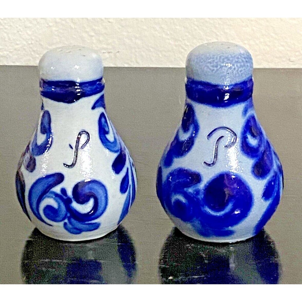 Salt Glaze Salt & Pepper Shakers Cobalt Blue & Grey Handpainted Stoneware NEW
